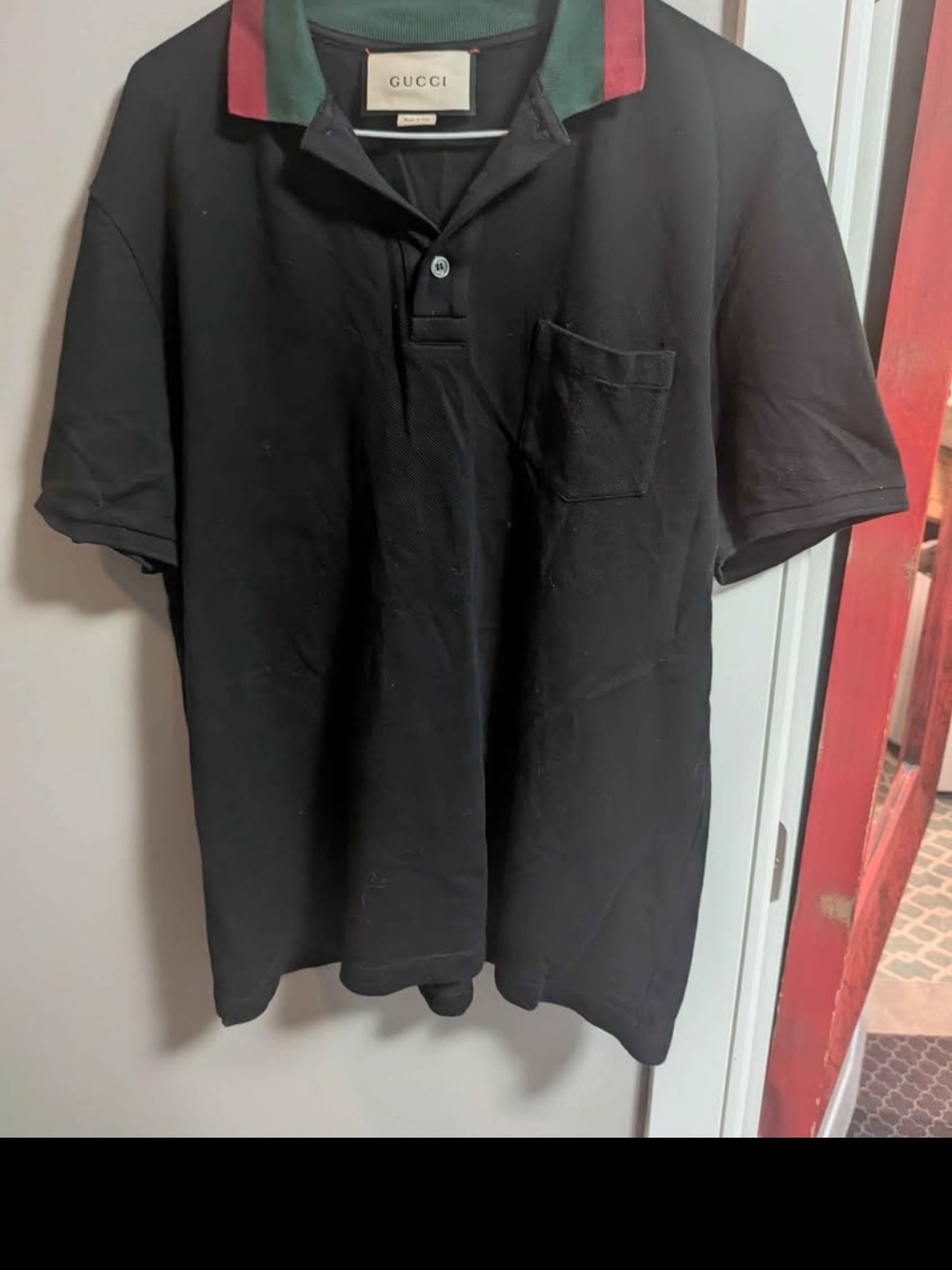 Gucci Men's Black Polo with Green and Red Trim Size Medium